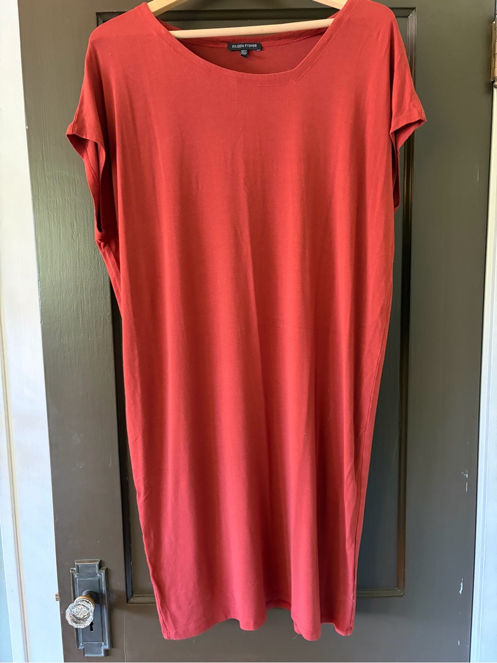 Eileen Fisher Relaxed Short-Sleeve Shift Dress, Asymmetrical Neckline, in Rust